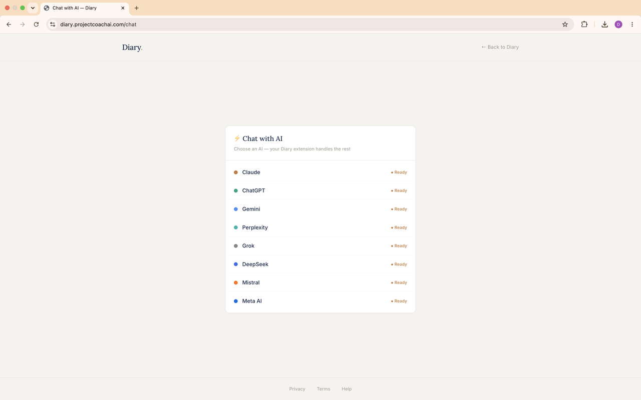 Forge Diary Chat with AI page showing all supported assistants